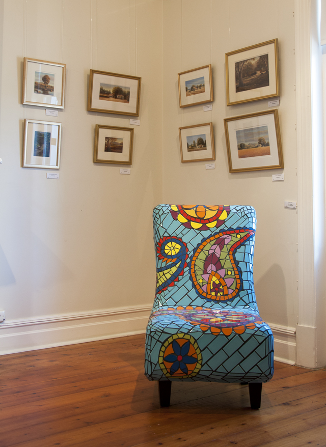 paintings by Julie Hayes with Mosaic Chair by Kate Jenkins and Kristin Wohlers