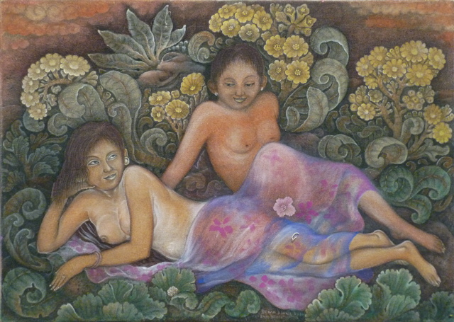 Dewa Biang Raka - The Twin Pregnant Ladies - Acrylic on canvas - 46 x 65cm - $350