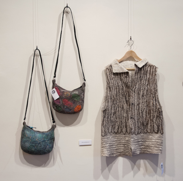 Maria Salomonsen’s felt shoulder bags $165 each, and striped vest $325