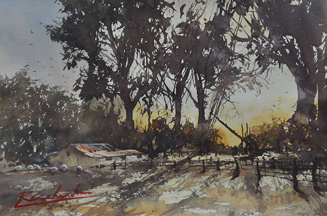 Alan Ramachandran - Evening Shadows - watercolour - $1970