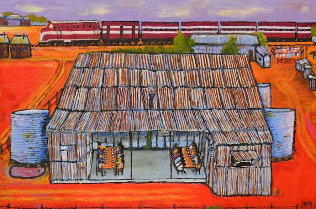 Kunyi June Anne McInerney, Mission Buildings with Dining Area, 2017, acrylic on canvas, 61x91 cm. On loan from the Migration Museum, a division of the History Trust of South Australia, image courtesy of the artist.